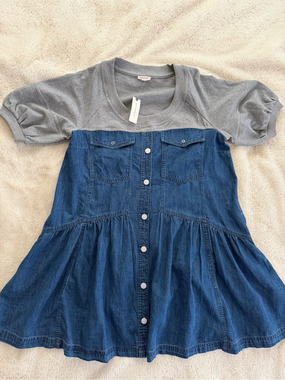 Pilcro Blue Denim and Gray Mixed-Media Button-Front Top